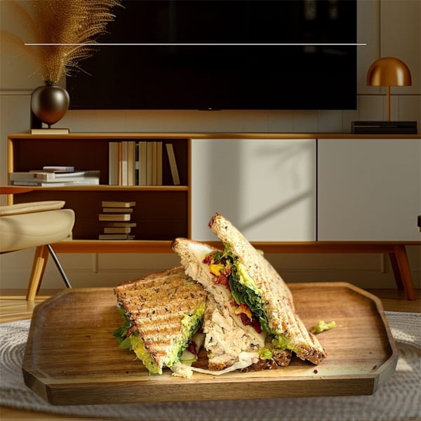 Grilled chicken and avocado sandwich on a wooden tray in a sunlit living room setting.