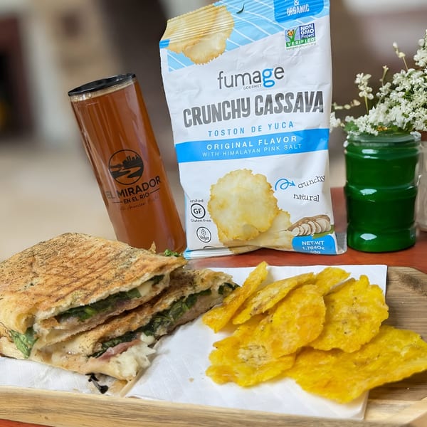 A panini, plantain chips, a drink from El Mirador, and a bag of crunchy cassava chips.
