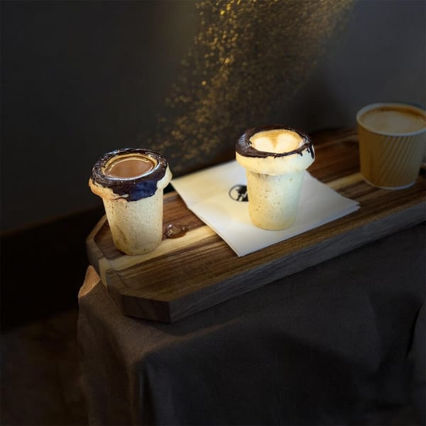 Two cookie cups with coffee and chocolate rims, one with latte art, on a wooden tray.